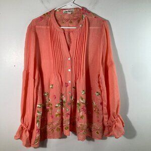 Womens Hope Springs Boho‎ Embroidered Tunic Long Puff Sleeve Peach 2XL